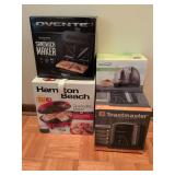 Ovente Sandwich maker, Hamilton Beach quesadilla maker, Brentwood mini food chopper and Toastmaster 1 liter deep fryer all new in box