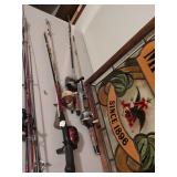 4 fishing poles: Sportsfisher 200, Shakespeare, Zebco 733 and Zebco 33