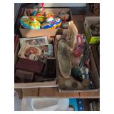 Small wooden boxes, tins, Alphonse Mucha art and books, carved stone and blown glass art