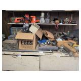 Parts containers, automotive belts, fishing reels(3 Zebco &1 Shakespeare), welding rods, and misc.