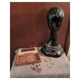 Vintage Jewelry, mannequin head and cigar box