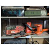 4 lawn shears: Black & Decker shrub and hedge trimmer and cordless grass shear, Village Blacksmith hedge trimmer and Craftsman grass shear
