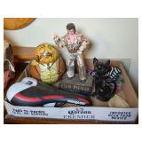 Vintage Elvis Presley radio, Vintage Business man tobacco tin, Mongoose bike seat and misc.