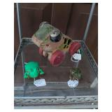 Frogs: Fisher Price #450 Jolly Jumper, tin litho wing up frog and plastic wind up frog