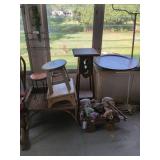 Wooden furniture: side table, foot stool, child stool, wagon and misc.