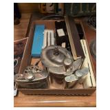 3 Flasks, pens, desk clock, vintage letter openers, jewelry box and misc.