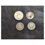 2 Mercury dimes, 1875 Liberty dime, and 1900 Liberty Nickel