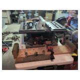 Craftsman 10" motorized table saw, vintage jointer gauge and jig with Black & Decker 3" vise