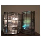 2 mirrored display cases and floor lamp
