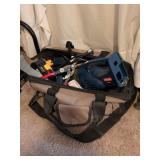 Tool bag with Ryobi batteries, charger, small wet/dry vac and misc.