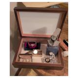 Jewelry in wooden box: rings, bracelet, pocket knife, necklace and watch