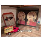 Vintage Soda items: Diecast Coca Cole deliver truck, Pepsi Cola bottle, Nesbitts soda bottle, Coca Cola framed ads and  Coca Cola tray