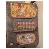 3 Vintage handheld pinball games: Schylling Curious George, Wolverine Little Hunter and Marx Scores N Stripes