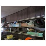 4 shelves: nails, saws, squirrel cage blower, air brush gun and misc.