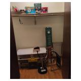 Footstool, drum stool, cedar wood planks, security lights, storage containers, Vintage stethoscope and blood pressure cuff and misc.