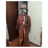 Vintage leather coat, vintage Litwins hat, leather rifle/shotgun scabbard, leather belt w/2 holster and chaps
