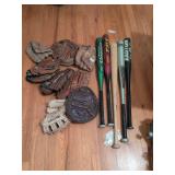 4 aluminum bats, 1 wooden bat and 8 baseball gloves