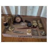 Antique tins, shaving kit, and misc
