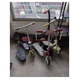 Scooters: Vintage red metal, vintage red 3 wheel, Radio flyer, Hotwheels, Huffy and misc.