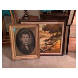 Wall Art: nature prints, Antique photograph w/wooden matte in wooden frame, framed Rat Pack poster w/ vintage lamp