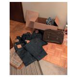 Faux leather carry-on duffle bag, new 4 Levi(36 x 30), 1 Wrangler(36 x 34) and 1 Roebucks (36 x 34) jeans and other misc second hand jeans