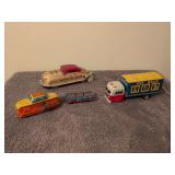 Marx Safe Driving School tin Wind-up car, GE-297 Engine with train car and metal Pet shop carrier truck