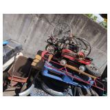 Three Vintage Wagons, Sled, and Bicycle Parts