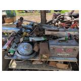 Vintage Hubcaps, Toolbox, and Car Parts