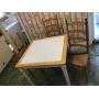 SQUARE TILE TOP TABLE AND 3 LADDER BACK CHAIRS