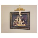 FOXHOUNDS OIL PAINTING W BRASS FINISH LIGHT FIXTUR