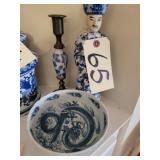 ORIENTAL BLUE & WHITE FIGURINE,BOWL,CANDLESTICK