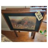 FOX HUNTING SCENE,VINTAGE WOOD TV TRAYS(4)