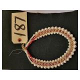 BEADED NECKLACE W RED CRYSTALS & GLASS PEARLS