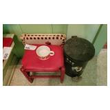 ANTIQ RED LEATHER STOOL,ROOSTER SEATCUSHIONS