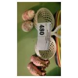 GLASS WICKER SAUCE BOWLS,PR PINK ROOSTER SALT &PEP