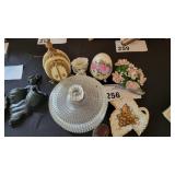 GLASS COVERED DISH W VICTORIAN STYLE EGG TRINKETS