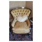 VINTAGE TUFTED WINGBACK ARMCHAIR W GOLD BROCADE