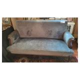 VICTORIAN SETTEE UPHOLSTERED TEAL W CARVED DETAIL