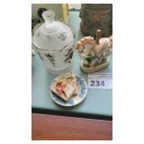 GLASS COVERED DISH W PORCELAIN HORSE
