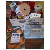 BOX ASSORTED RIBBONS, SEWING ITEMS & BOOK