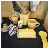 UTENSIL HOLDER,BUTTER DISH, 2 YELLOW MUGS
