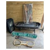 Vintage table, saw, brackets and decor