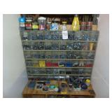 Storage Bin of Misc. Elec. Wire Nuts, Conduit Coupling, Etc. w/Wooden Stand