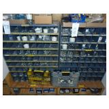 Two Bolt Bins w/Contents of Bolts, Nuts, Washers On Wooden Stand