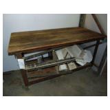 Metal Frame Shop Table w/Wooden Top On Casters