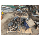 Pallet of Misc. Chain Saw, Cylinder, Tank Lids, Battery Charger, Etc.