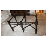 Glass Top Dining Table with Wood Base Featuring Turned and Cross-Brace Design