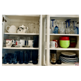 Kitchen Glassware, Mugs, Bowls, Plates, and Teapots in Two Cabinets