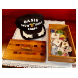 Inlaid Wood Box with Masonic Pins, Medals, and Oasis Drum & Bugle Corps Hat