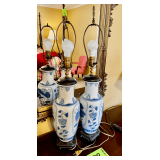 Pair of Blue and White Ceramic Table Lamps with Metal Accents